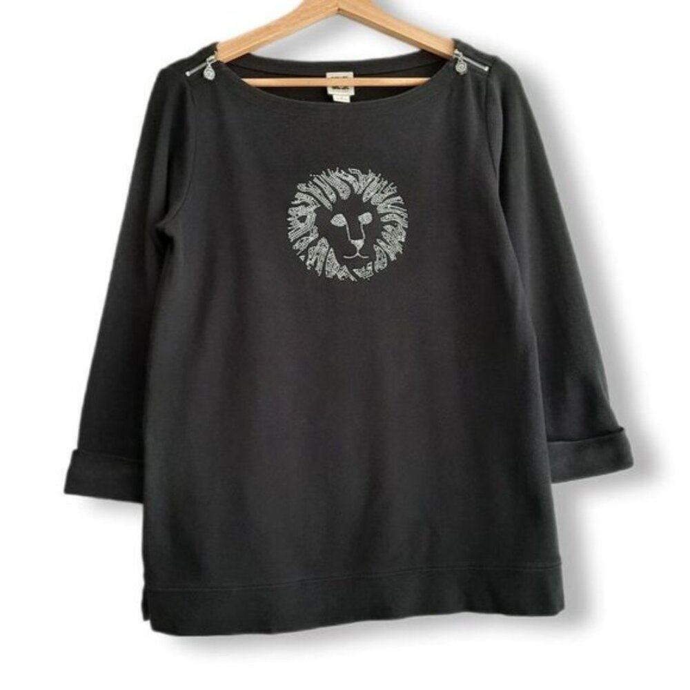 ANNE KLEIN / Micro Gem Studded Lion Logo Boat Neck Black Tee Sz S